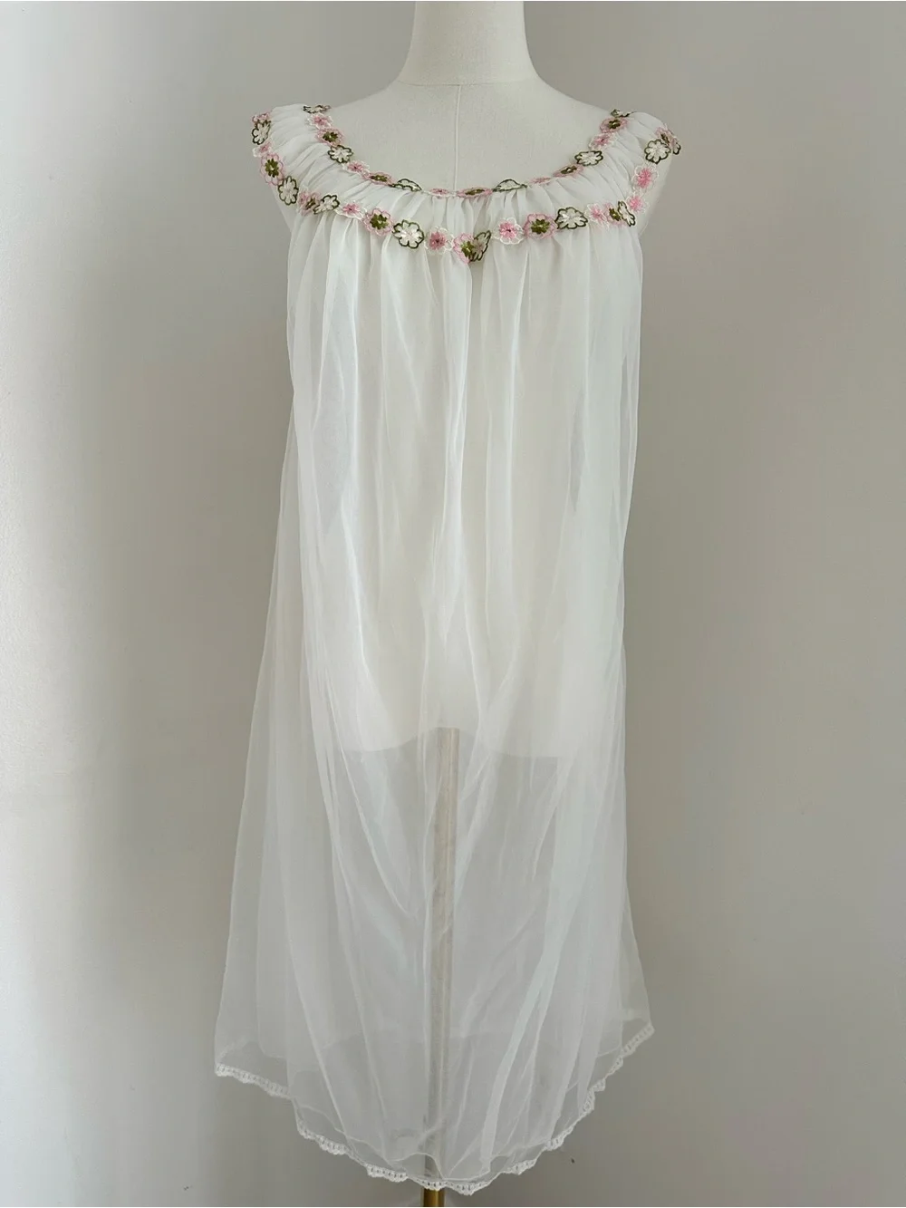 Vintage White Sheer Chiffon Chemise with Pink & Green Floral Trim #081